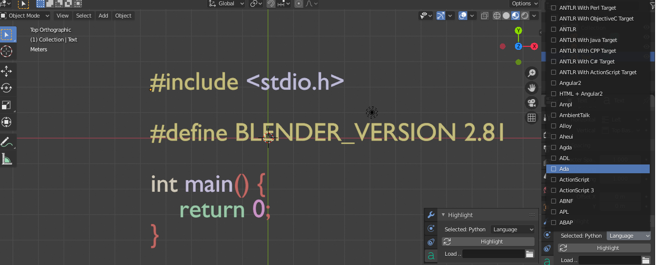 Highlight (Blender 2.81 Addon for Syntax Highlighting Text Objects)