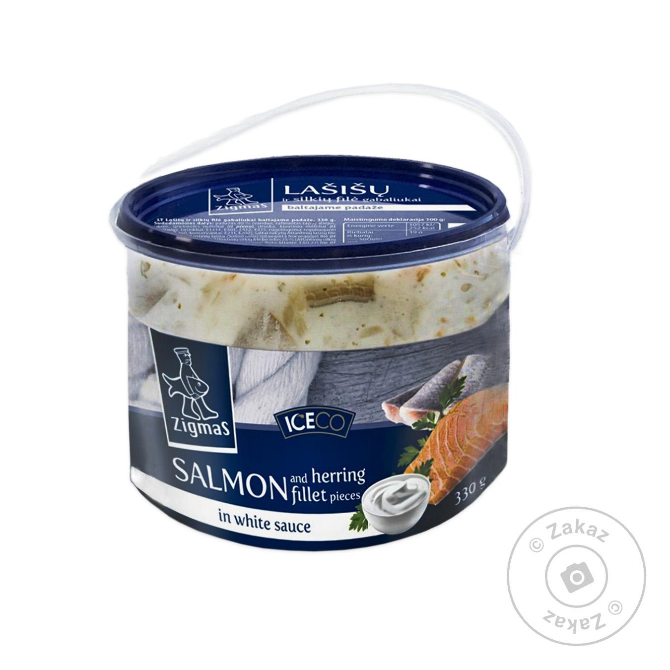 

Лосось та оселедець Iceco Zigmas шматочки філе в білому соусі 330г