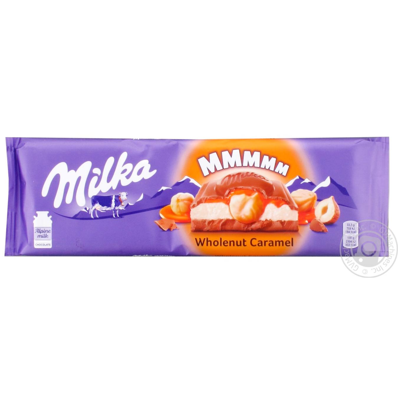 

Шоколад молочний Milka з молочною і карамельною начинками і обсмаженим цілим фундуком 300г