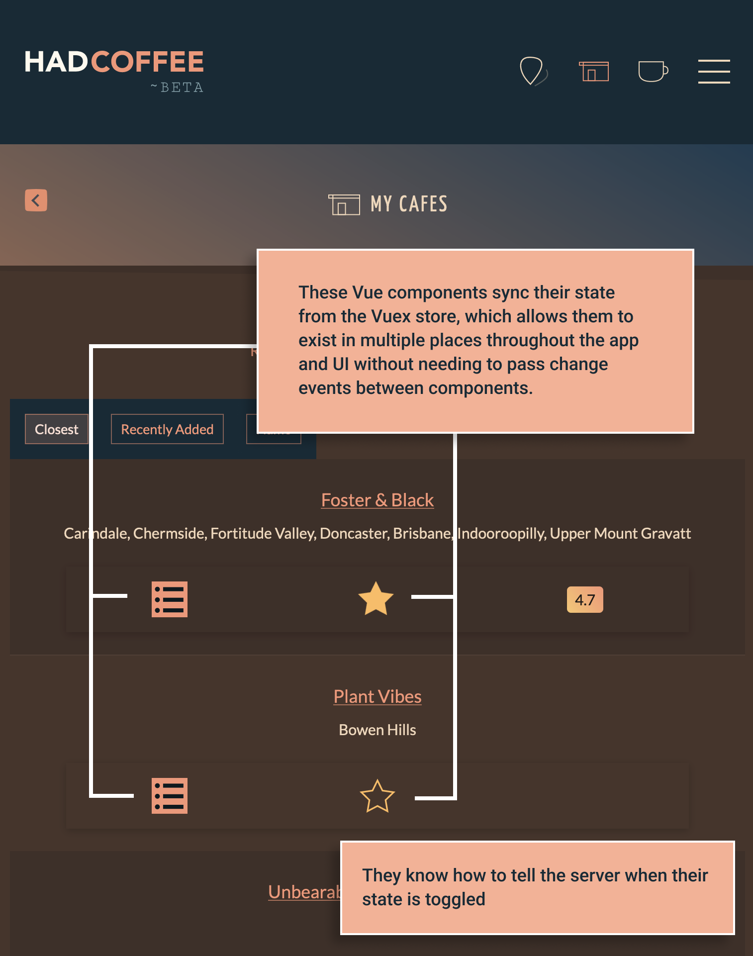 UI screenshot diagram. Multiple Vue component with linked state