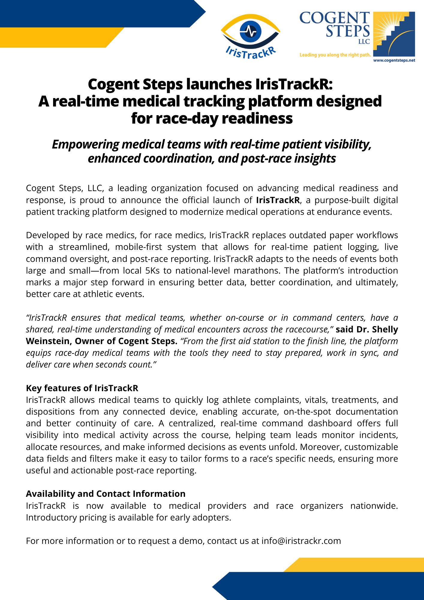 Cogent Steps launches IrisTrackR: A real-time medical tracking platform for race-day readiness
