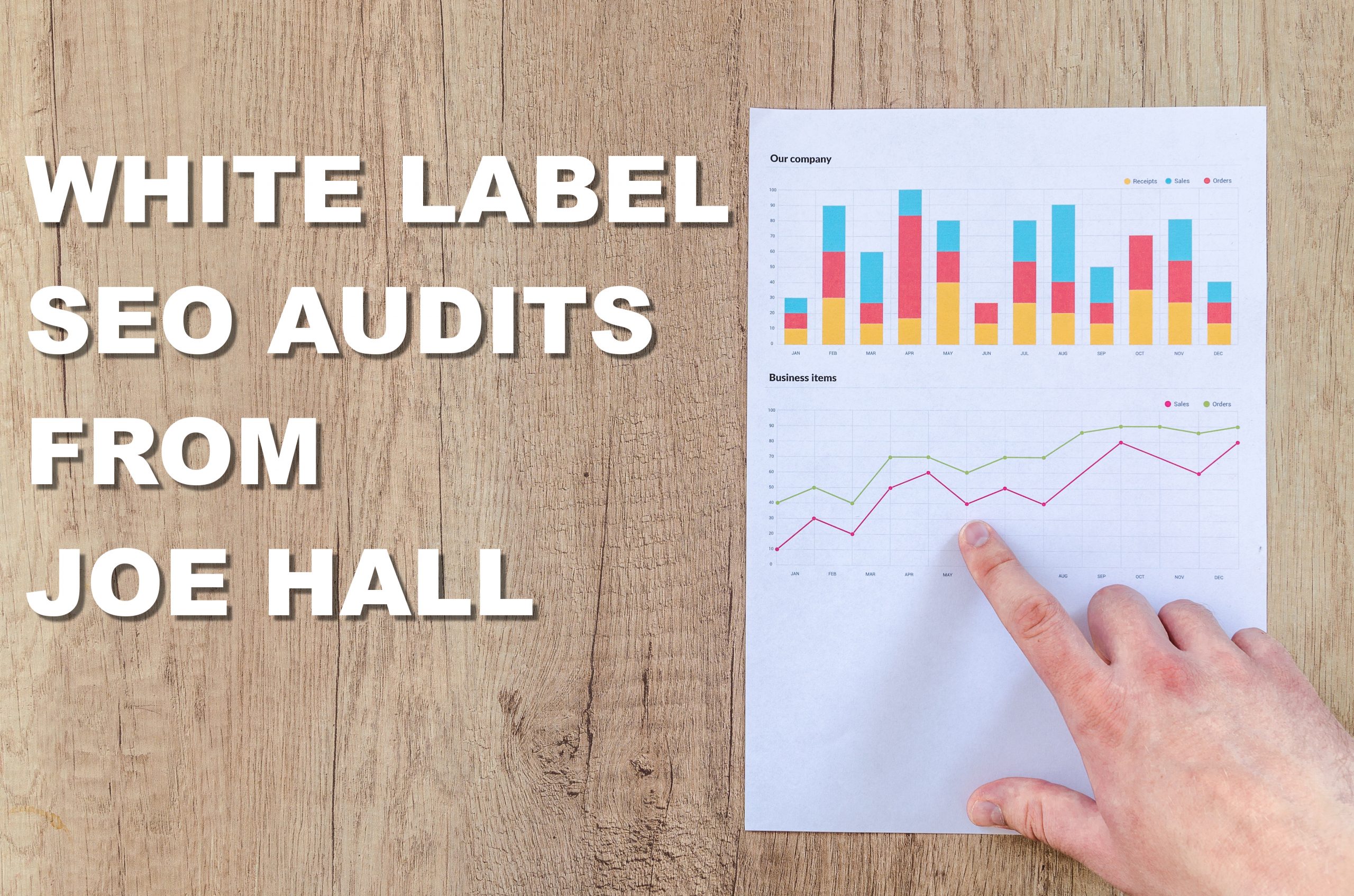 "White Label SEO AUDITS from Joe Hall" In white block letters beside a paper report with several charts and an index finger pointing at one of the charts with a wood background.