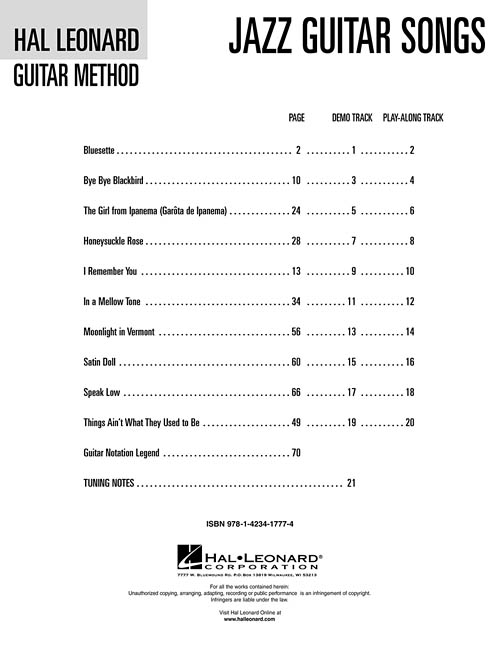 JAZZ GUITAR SONGS Hal Leonard Guitar Method na Freenote