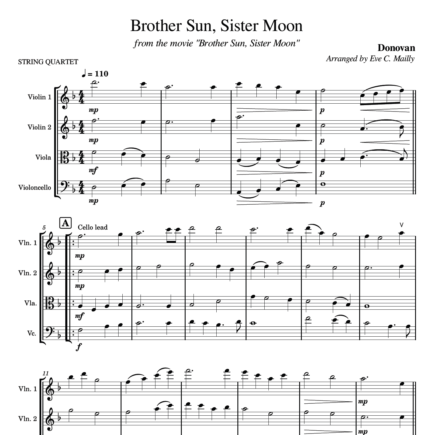 Cover Art for "Brother Sun, Sister Moon (arr. Eve C. Mailly - Zene Strings)" by Donovan