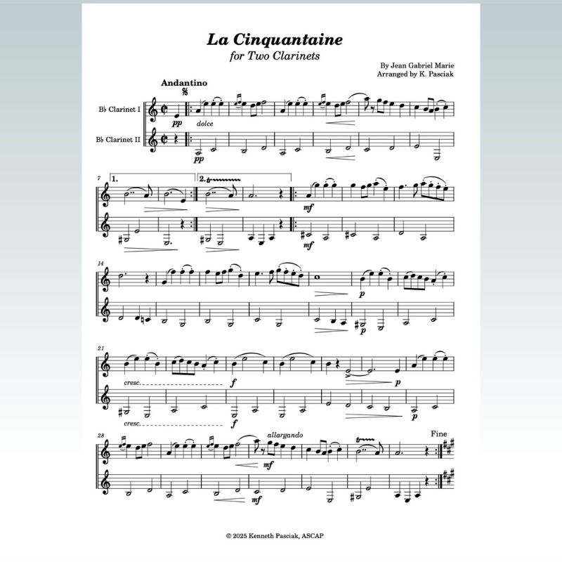 Carátula para "La cinquantaine (for Two Bb Clarinets) (arr. Kenneth Pasciak)" por Jean Gabriel Marie