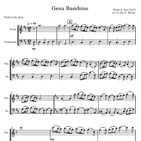 Cover Art for "Gesu Bambino - Duet for Violin & Cello (arr. Eve C. Mailly - Zene Strings)" by Pietro Yon