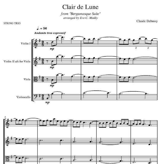 Cover Art for "Clair de Lune (from Suite Bergamasque) - String Trio (arr. Eve C. Mailly - Zene Strings)" by Claude Debussy