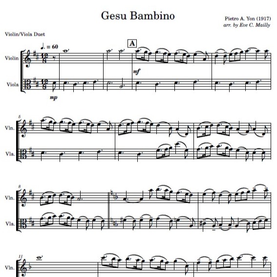 Cover Art for "Gesu Bambino - Duet for Violin & Viola (arr. Eve C. Mailly - Zene Strings)" by Pietro Yon