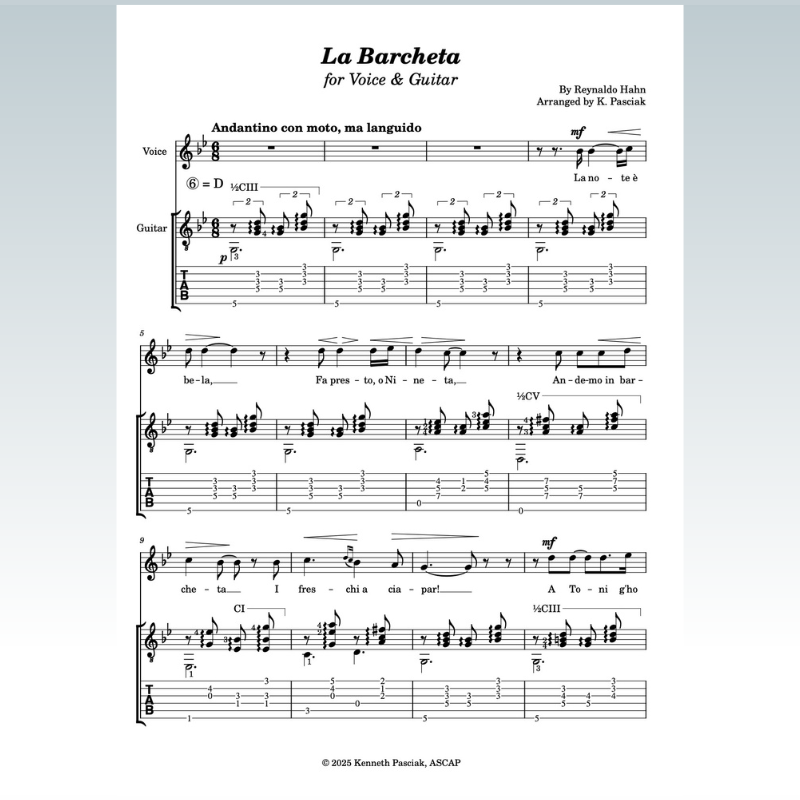Carátula para "La barcheta (for Voice & Guitar) (arr. Kenneth Pasciak)" por Reynaldo Hahn