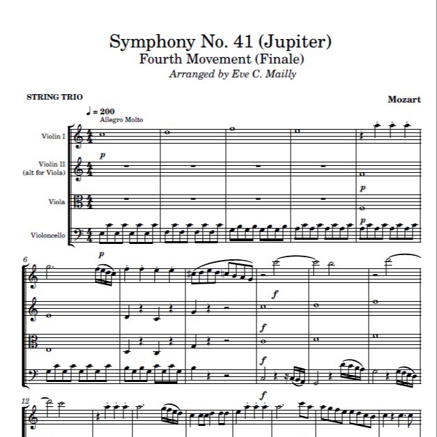 Carátula para "Symphony No. 41 "Jupiter" - 4th Movement - Mozart (String Trio) (arr. Eve C. Mailly - Zene Strings)" por Wolfgang Amadeus Mozart