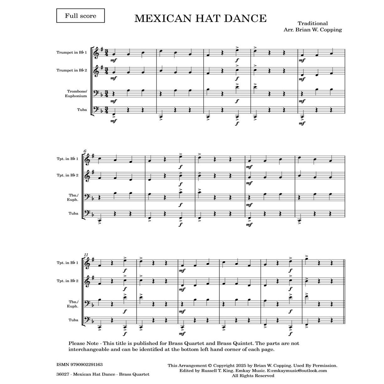 Cover Art for "MEXICAN HAT DANCE - BRASS QUARTET (arr. BRIAN W. COPPING)" by Traditional