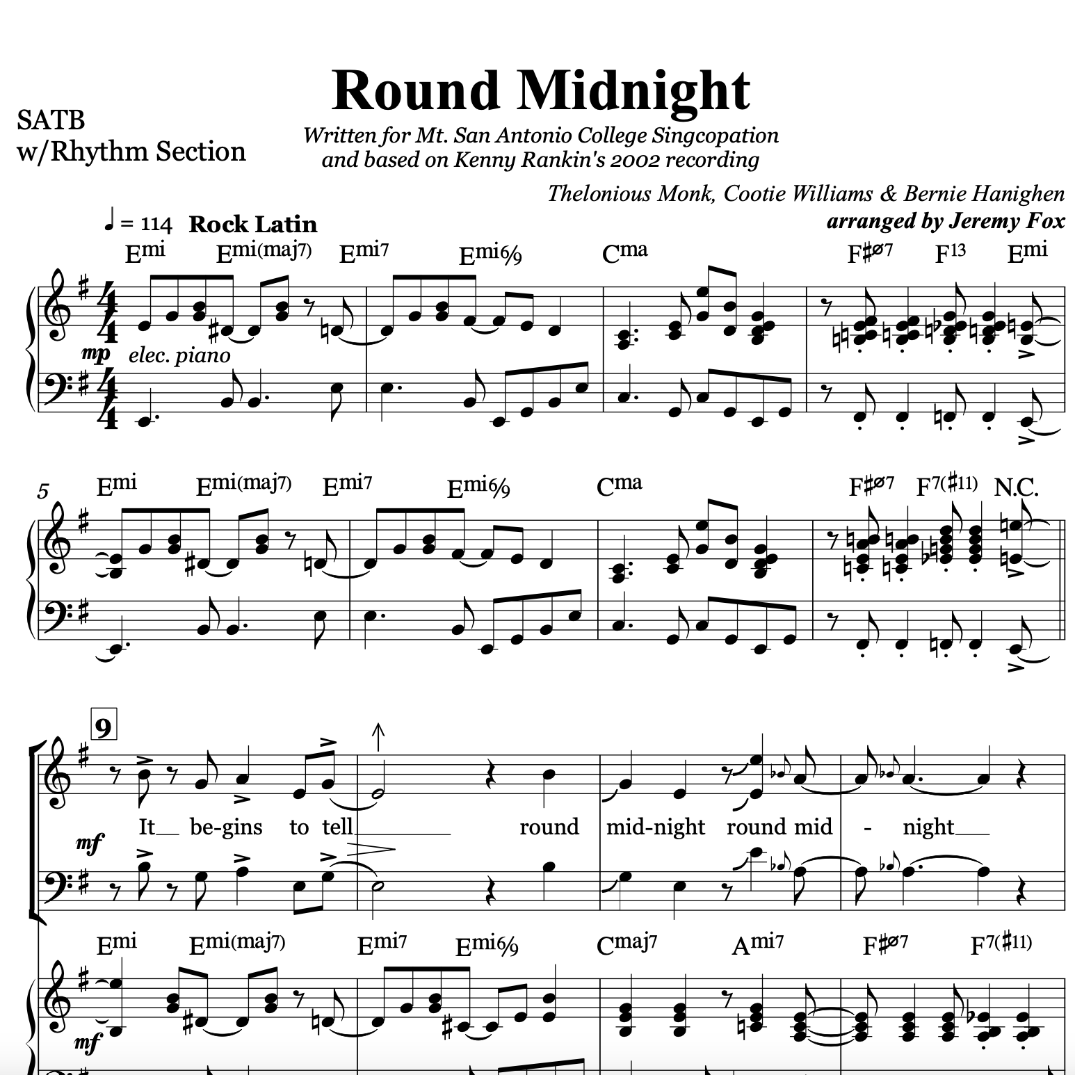 Cover Art for "'round Midnight (arr. Jeremy Fox)" by Thelonious Monk