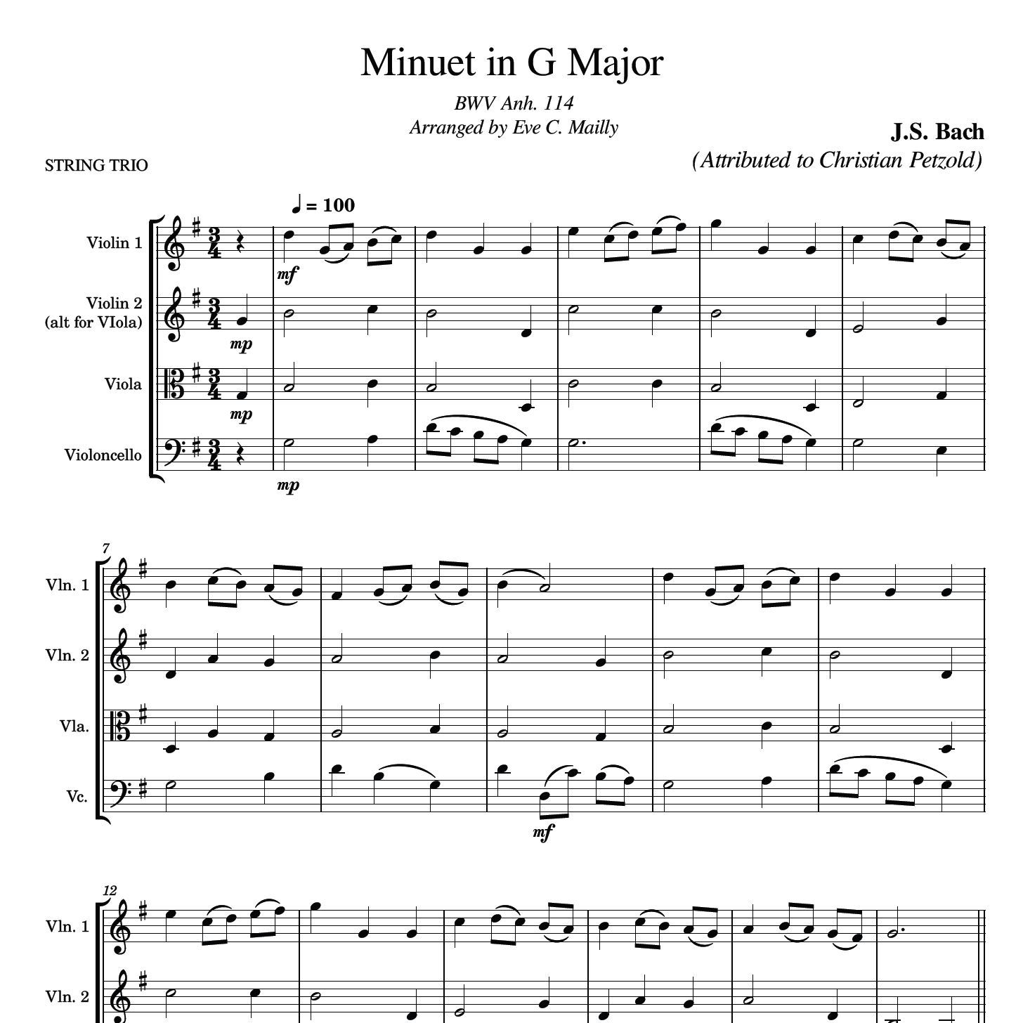 Cover Art for "Minuet in G Major BWV anh.114 - J. S. Bach (String Trio) (arr. Eve C. Mailly - Zene Strings)" by J.S. Bach