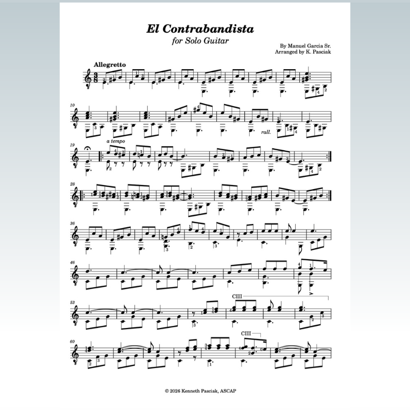 Cover Art for "El Contrabandista (for Solo Guitar) (arr. Kenneth Pasciak)" by Manuel Garcia Sr.