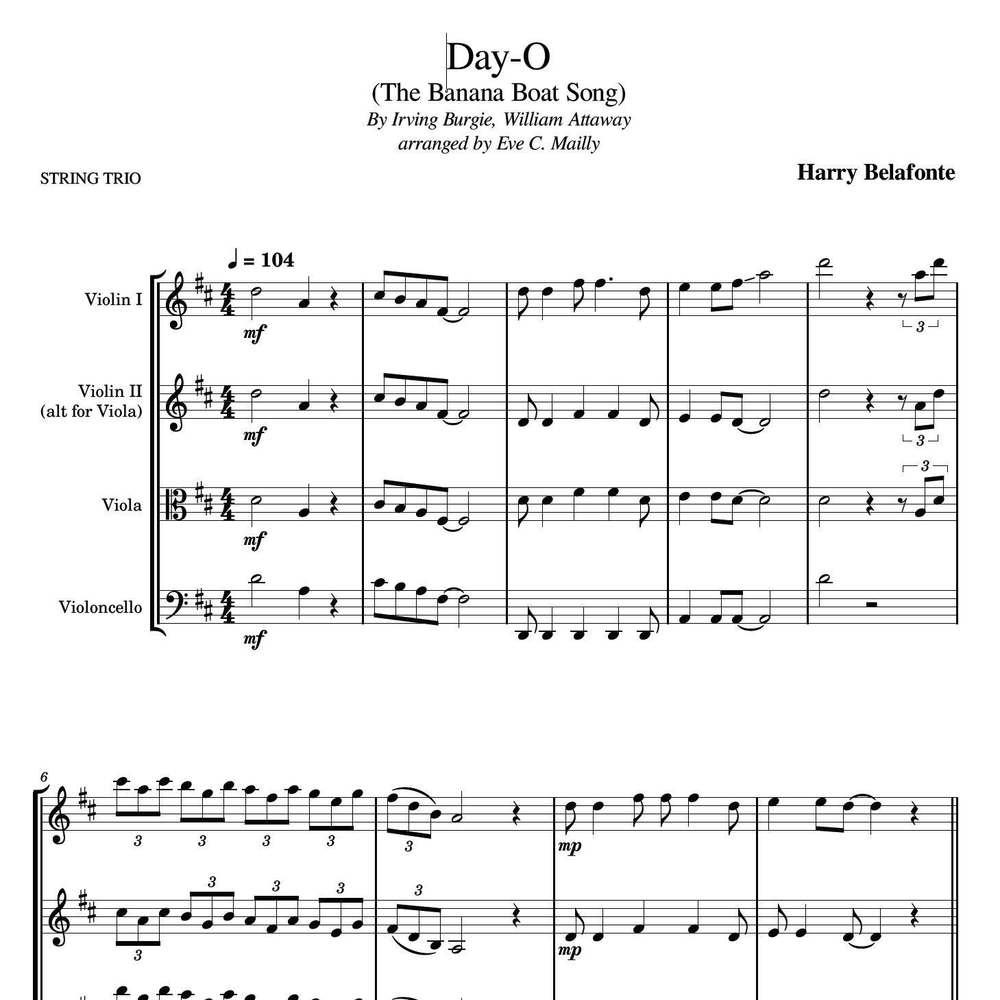 Cover Art for "Day-o (the Banana Boat Song) (arr. Eve C. Mailly - Zene Strings)" by Harry Belafonte