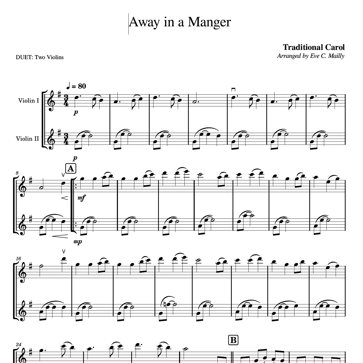 Cover Art for "Away in a Manger (Flow Gently Sweet Afton) - Duet for Two Violins (arr. Eve C. Mailly - Zene Strings)" by Jonathan E. Spilman