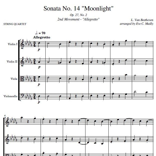 Cover Art for "Moonlight Sonata 2nd Mvmt (Sonata No. 14 opus 27 no. 2) - Beethoven - String Quartet (arr. Eve C. Mailly - Zene Strings)" by L. Van Beethoven