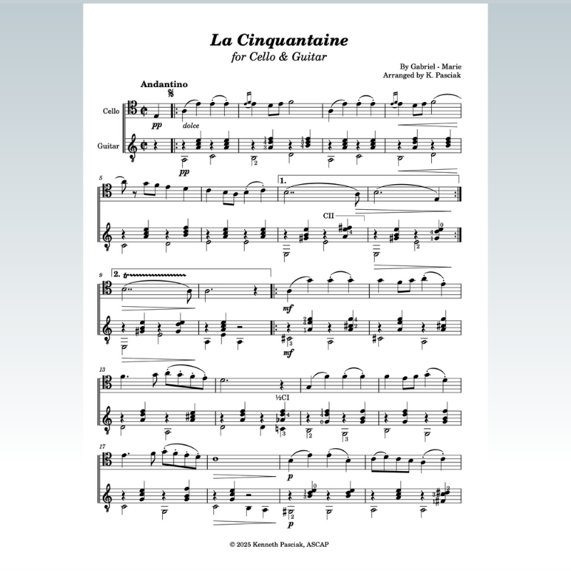 Couverture pour "La cinquantaine (for Cello & Guitar) (arr. Kenneth Pasciak)" par Jean Gabriel Marie