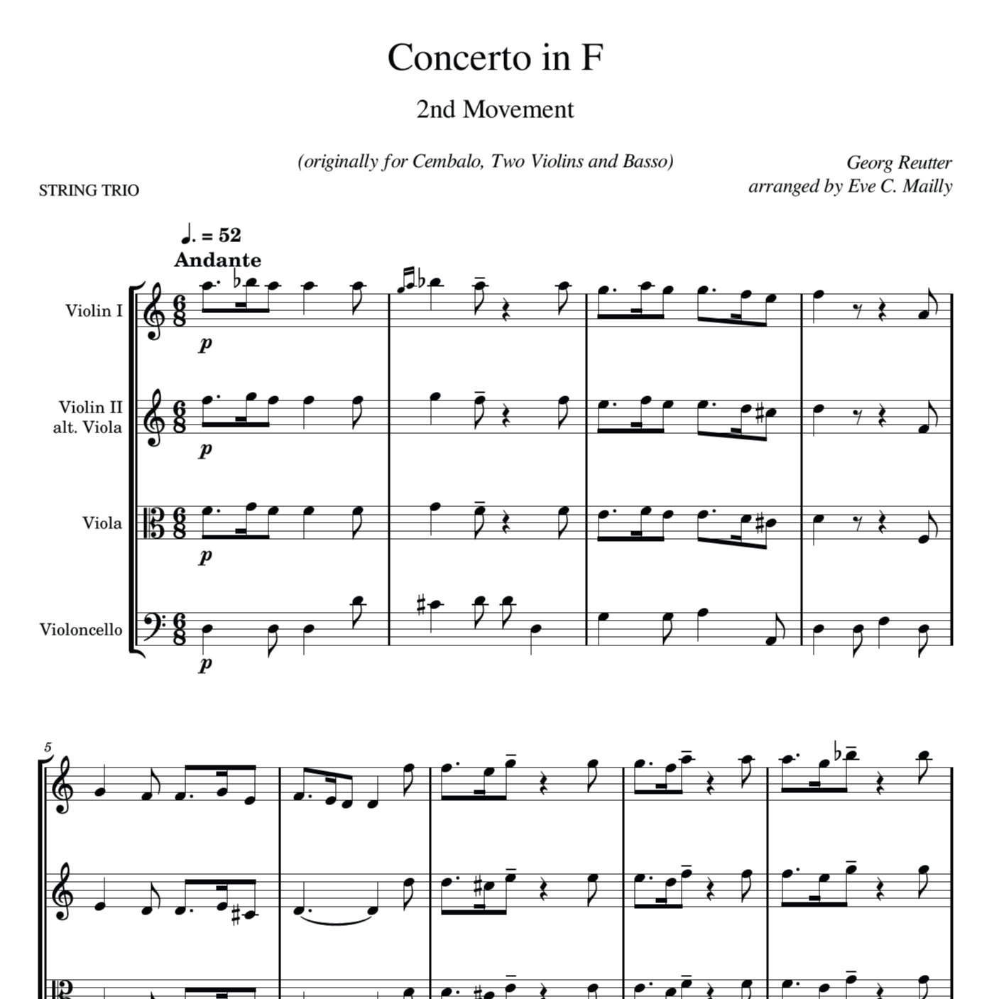 Carátula para "Concerto in F - 2nd movement - Reutter - String Trio (arr. Eve C. Mailly - Zene Strings)" por Georg Reutter