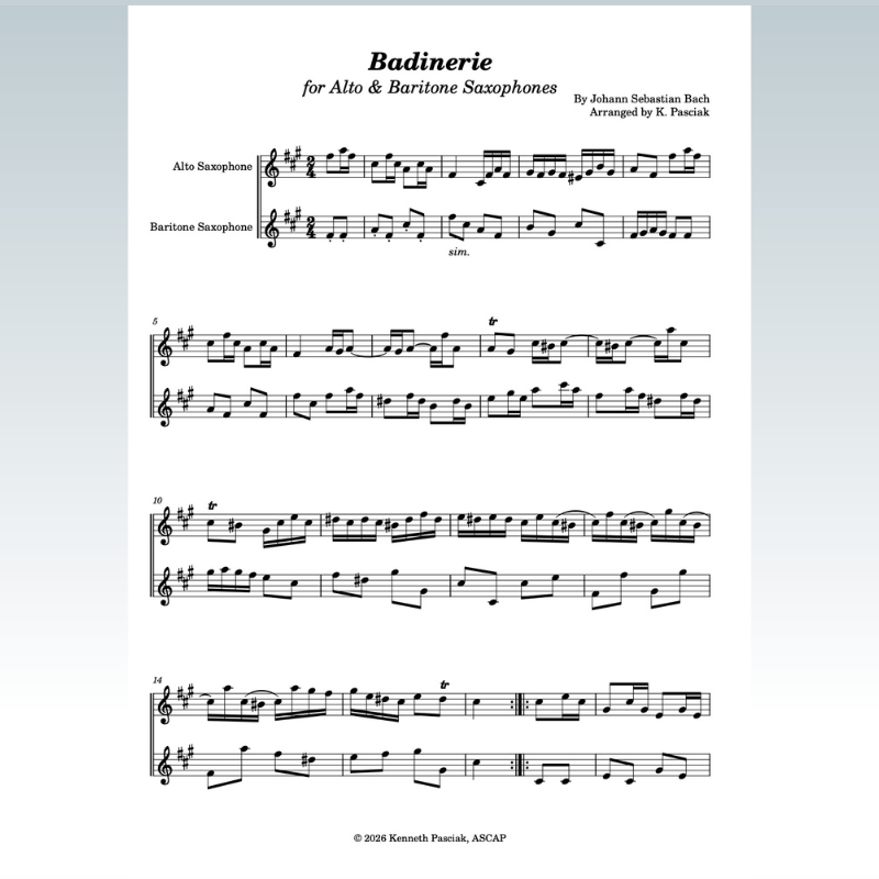 Couverture pour "Badinerie (for Alto & Baritone Saxophones) (arr. Kenneth Pasciak)" par Johann Sebastian Bach