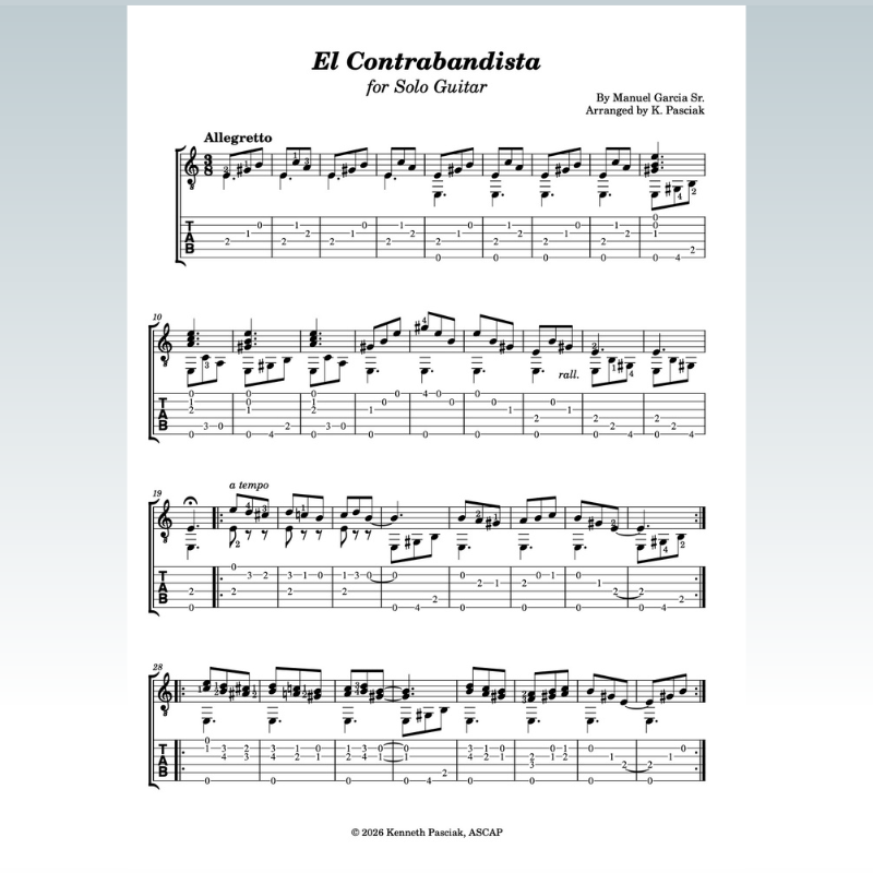 Cover Art for "El Contrabandista (for Solo Guitar) (arr. Kenneth Pasciak)" by Manuel Garcia Sr.