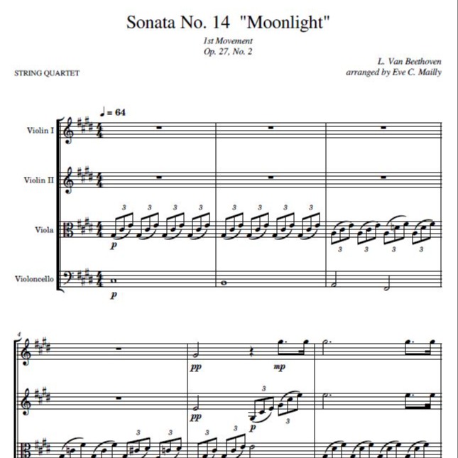 Carátula para "Moonlight Sonata 1st mvmt (Sonata No. 14 opus 27 no. 2) - Beethoven - String Quartet (arr. Eve C. Mailly - Zene Strings)" por Ludwig Von Beethoven