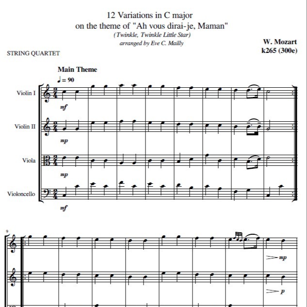 Abdeckung für "Twelve Variations on "Ah vous dirai-je, Maman" (Twinkle, Twinkle Little Star) - Mozart (String Quart (arr. Eve C. Mailly - Zene Strings)" von Wolfgang Amadeus Mozart