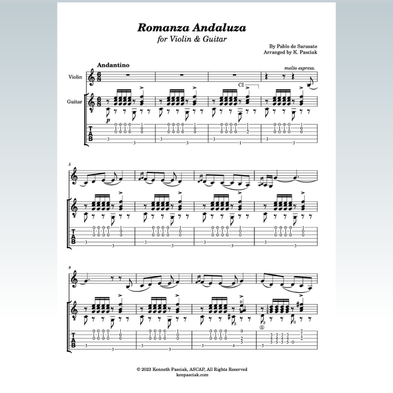 Cover Art for "Romanza Andaluza (for Violin & Guitar) (arr. Kenneth Pasciak)" by Pablo De Sarasate