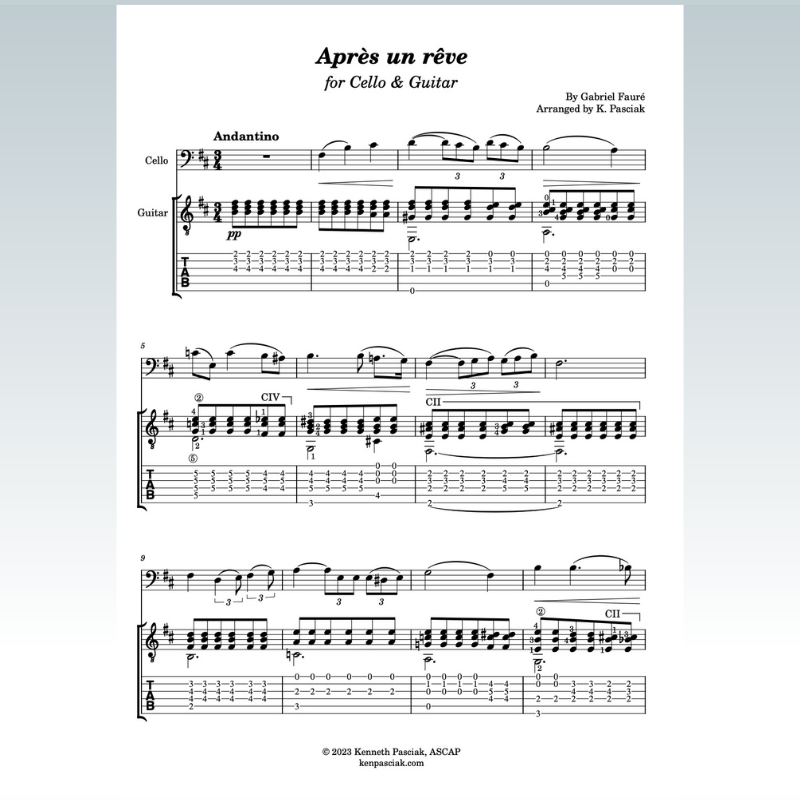 Cover Art for "Après un rêve (for Cello & Guitar) (arr. Kenneth Pasciak)" by Gabriel Fauré
