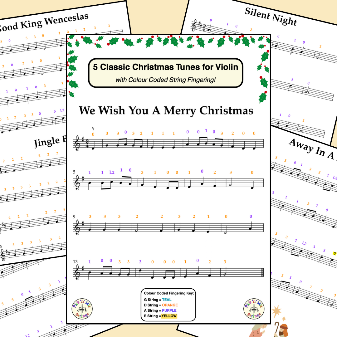 Cover Art for "5 Classic Christmas Tunes for Violin - with Colour Coded String Fingering! (arr. Sarah McLellan)" by Pick 'n' Mix Strings