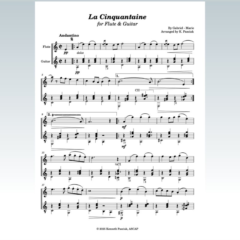 Couverture pour "La cinquantaine (for Flute or Violin & Guitar) (arr. Kenneth Pasciak)" par Jean Gabriel Marie