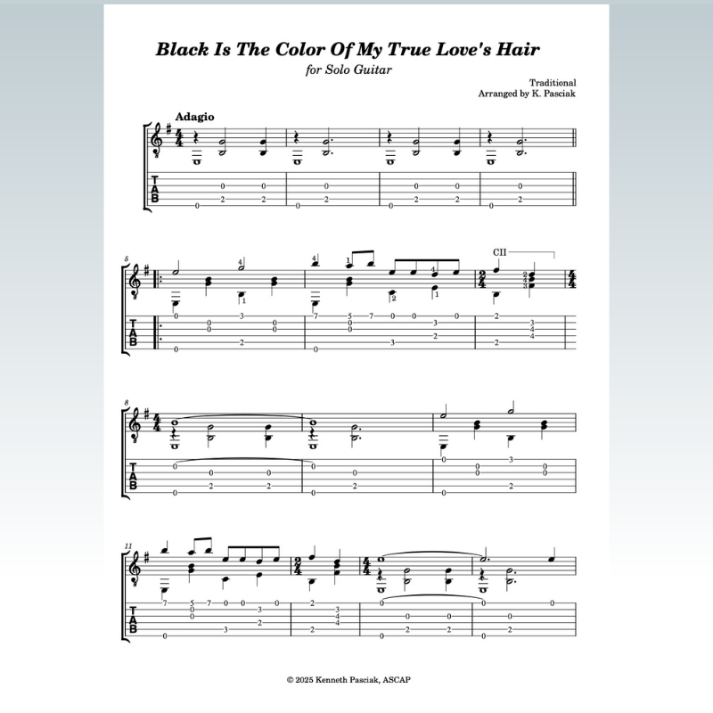 Cover Art for "Black Is The Color Of My True Love's Hair (for Guitar) (arr. Kenneth Pasciak)" by Traditional