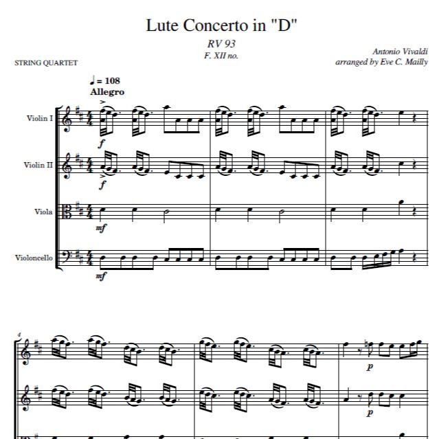 Cover Art for "Concerto in D, RV 93 - ALL MOVEMENTS - Vivaldi - arranged for String Quartet (arr. Eve C. Mailly - Zene Strings)" by Antonio Vivaldi