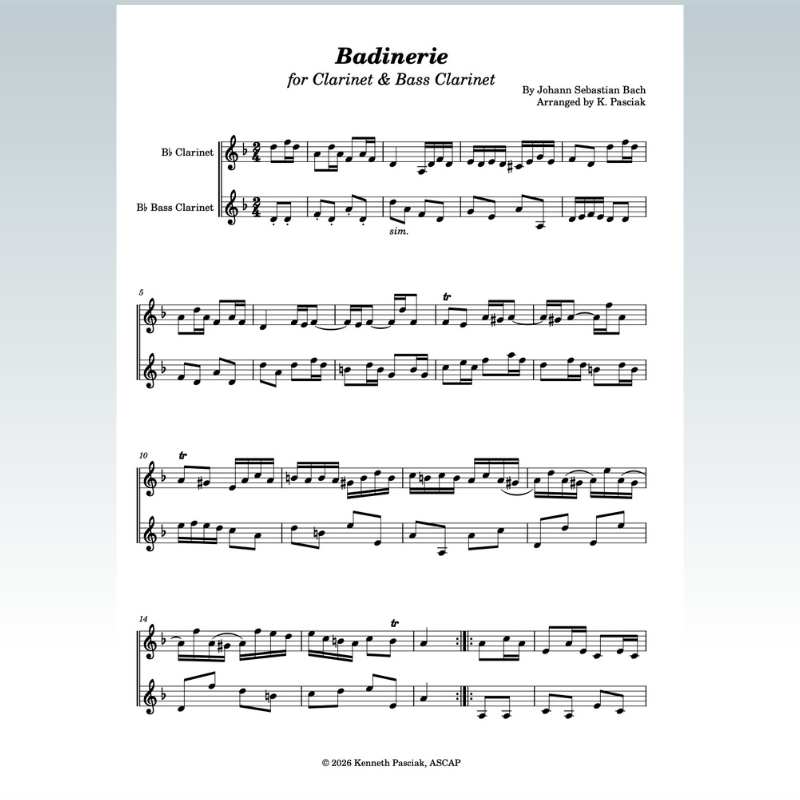 Carátula para "Badinerie (for Clarinet & Bass Clarinet) (arr. Kenneth Pasciak)" por Johann Sebastian Bach