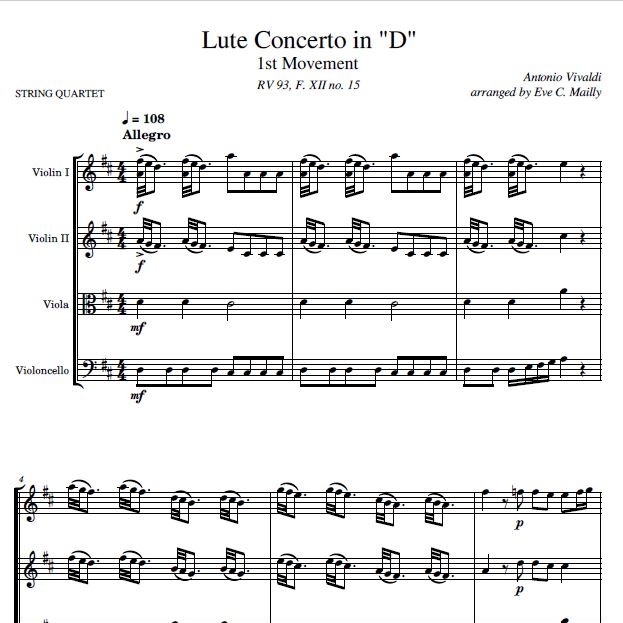 Cover Art for "Concerto in D, RV 93 - 1st Movement - Allegro - Vivaldi (String Quartet) (arr. Eve C. Mailly - Zene Strings)" by Antonio Vivaldi