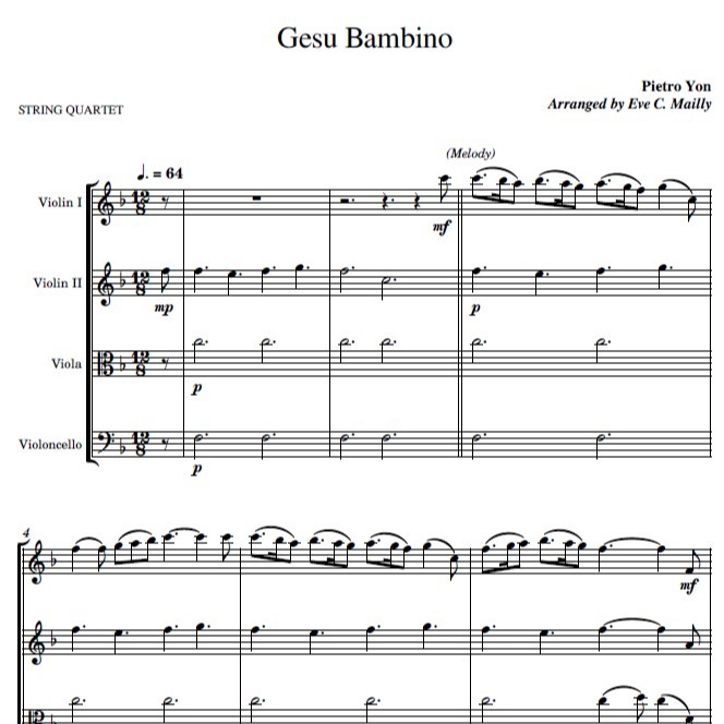 Couverture pour "Gesu Bambino (Pastorale) - The Infant Jesus - String Quartet (arr. Eve C. Mailly - Zene Strings)" par Eve C. Mailly
