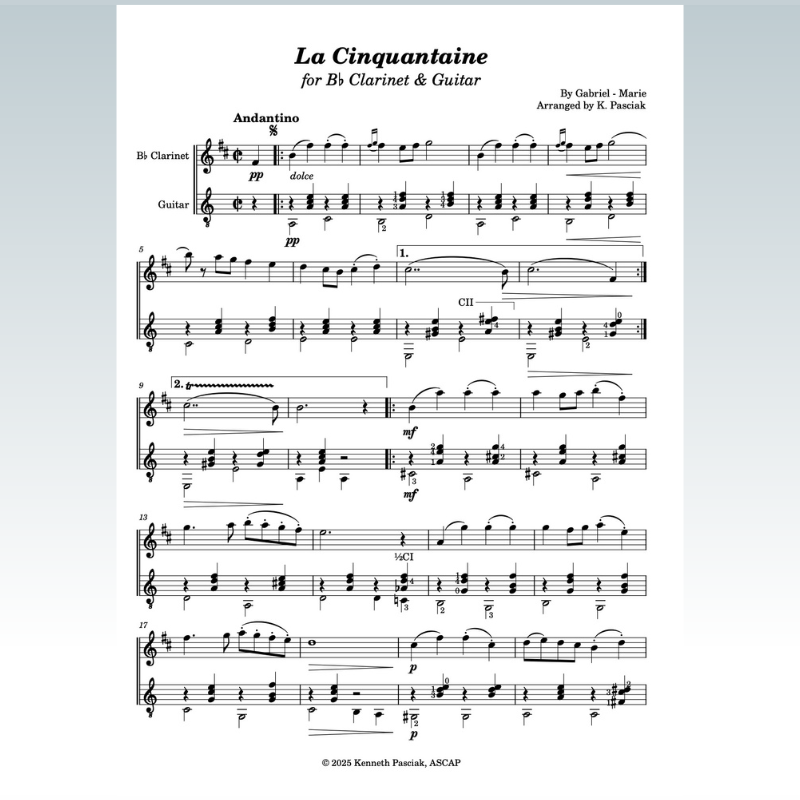 Couverture pour "La cinquantaine (for Bb Clarinet & Guitar) (arr. Kenneth Pasciak)" par Jean Gabriel Marie
