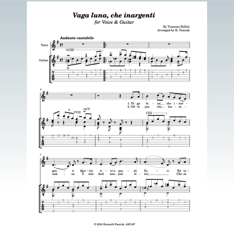 Couverture pour "Vaga luna, che inargenti (for Voice & Guitar) (arr. Kenneth Pasciak)" par Vincenzo Bellini