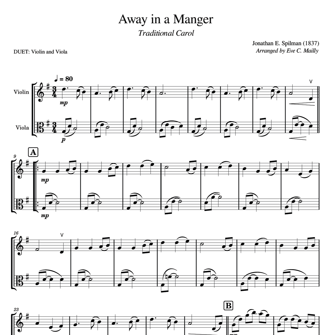 Abdeckung für "Away in a Manger (Flow Gently Sweet Afton) - Duet Violin & Viola (arr. Eve C. Mailly - Zene Strings)" von Jonathan E. Spilman