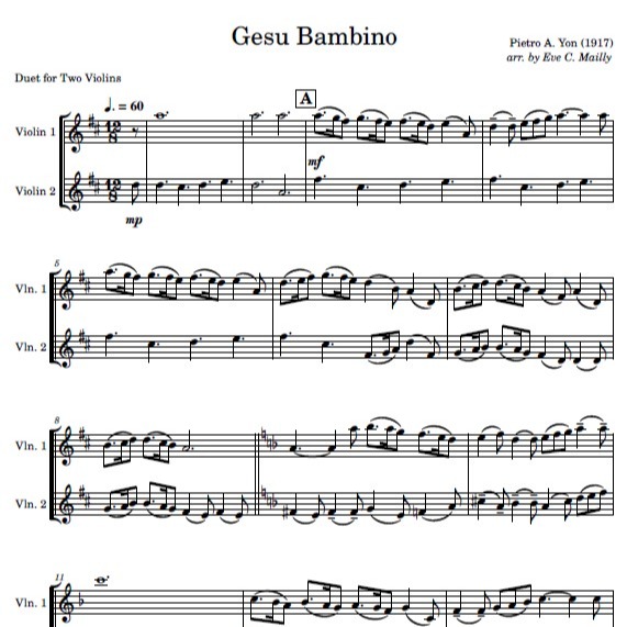Couverture pour "Gesu Bambino - Duet for Two Violins (arr. Eve C. Mailly - Zene Strings)" par Pietro Yon