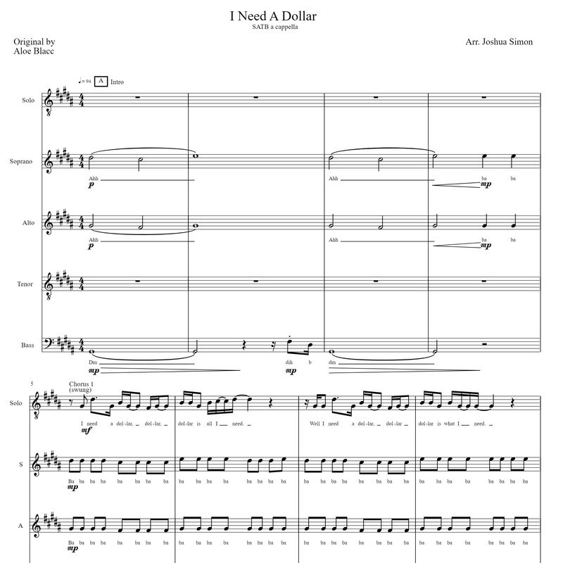 Carátula para "I Need A Dollar (arr. Lexie Simon)" por Aloe Blacc
