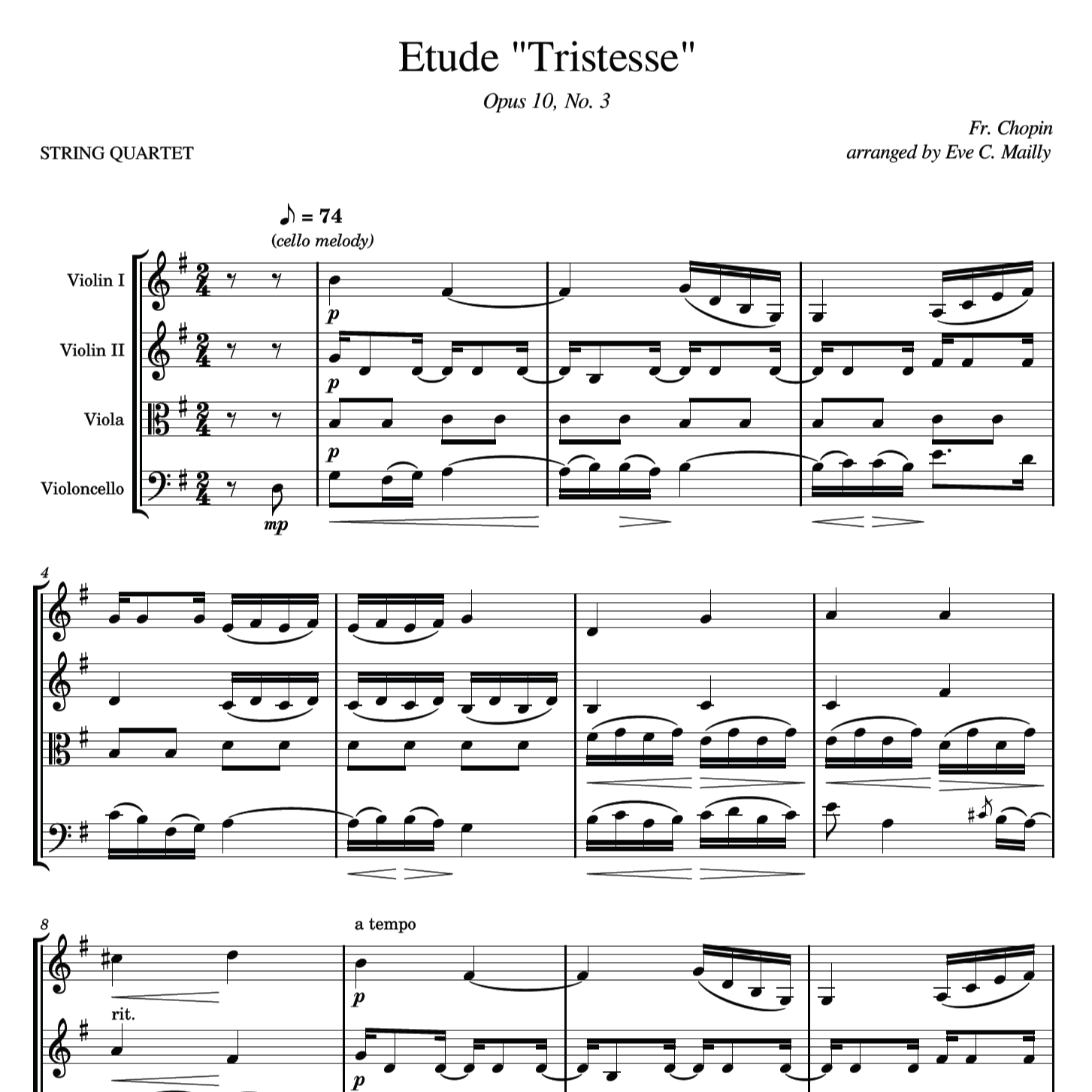 Abdeckung für "Etude "Tristesse" - Opus 10, No 3 (arr. Eve C. Mailly - Zene Strings)" von Fr. Chopin