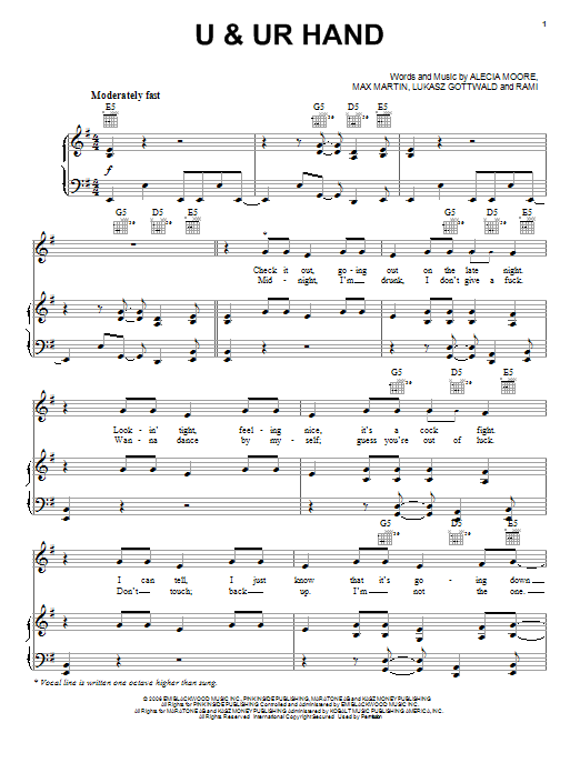 U UR Hand By P nk Sheet Music For Piano Vocal Guitar Chords Right 