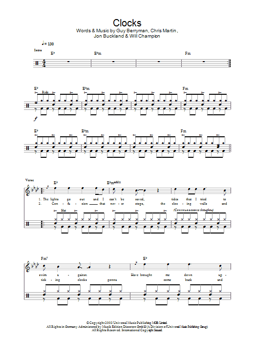 Clocks Par Coldplay Partitions Pour Tableau De Batterie Sur Sheet Music 