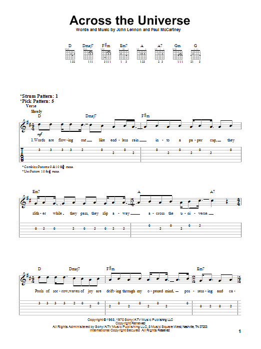 Across The Universe By The Beatles Sheet Music For Easy Guitar Tab At 