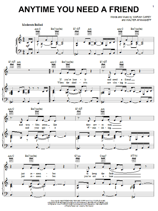 Anytime You Need A Friend By Mariah Carey Sheet Music For Piano Vocal 