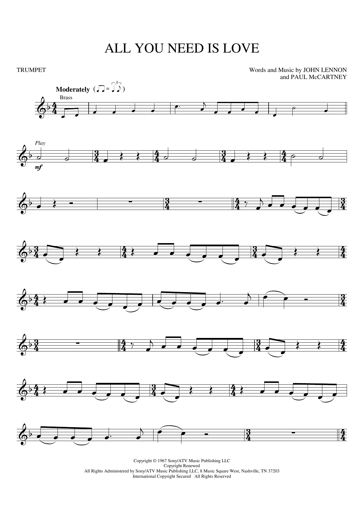 All You Need Is Love By The Beatles Sheet Music For Trumpet PlayAlong 