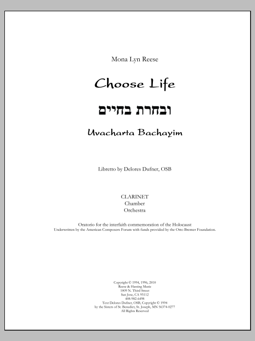 Choose Life, Uvacharta Bachayim, Chamber Orchestra Version - Clarinet