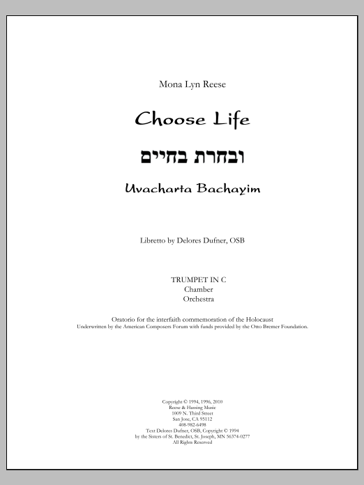 Choose Life, Uvacharta Bachayim, Chamber Orchestra Version - Trumpet