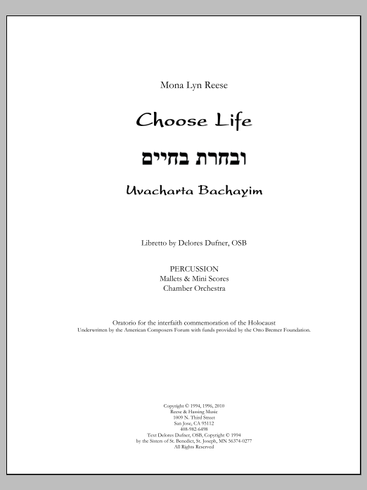 Choose Life, Uvacharta Bachayim, Chamber Orchestra Version - Percussion
